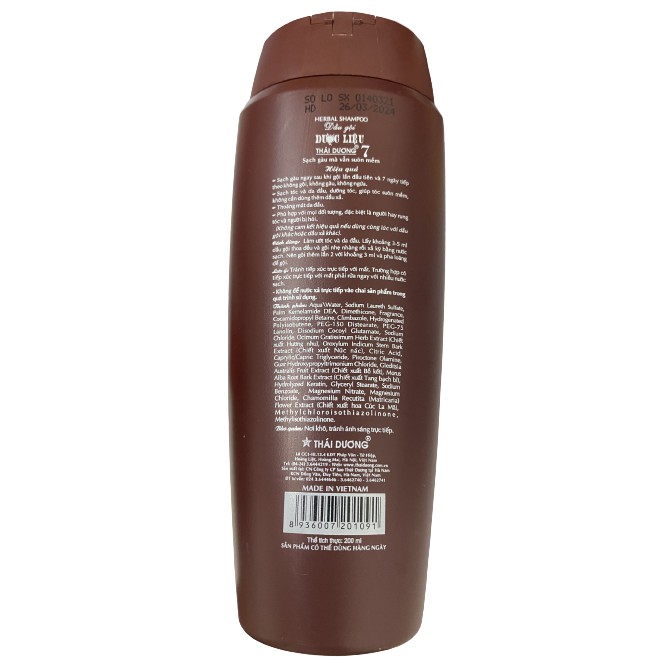 Dầu Gội Dược Liệu Thái Dương 7 Ngày Không Gầu,Không Ngứa.Chai 200ml