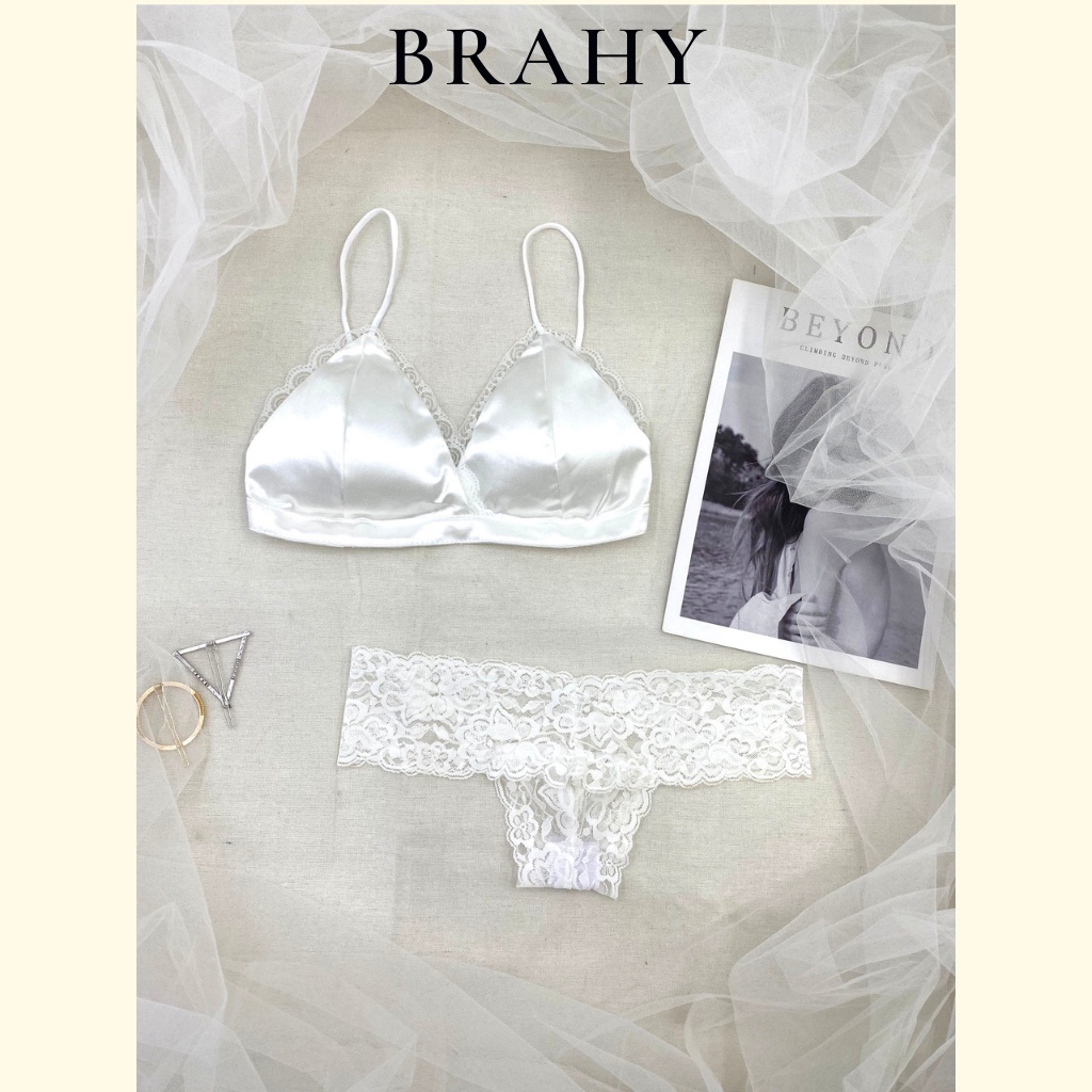 Bộ đồ lót nữ satin trắng có mút mỏng hàng thiết kế cao cấp BRAHY 056