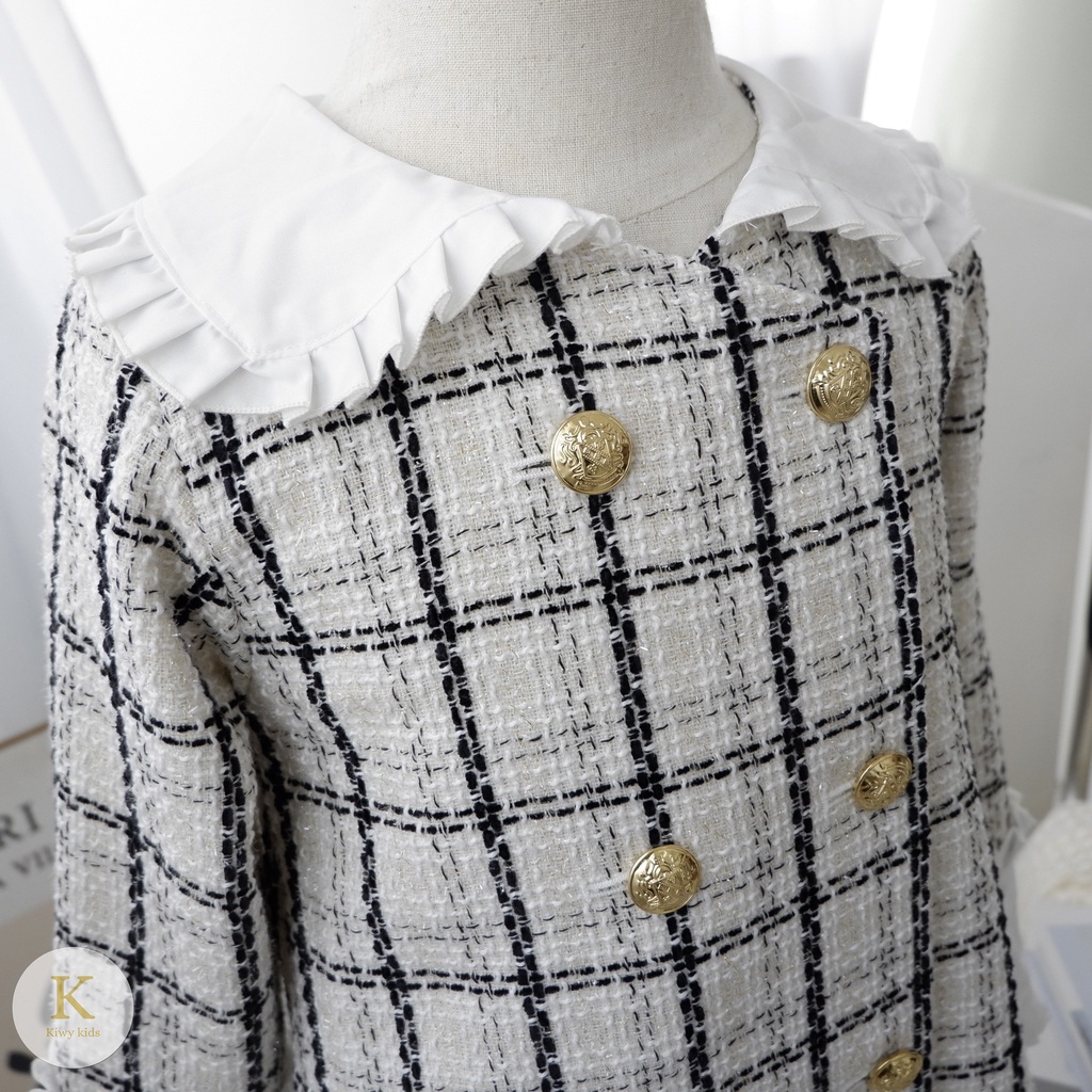 Váy bé gái Kiwy Kids chất liệu tweed sành điệu Kid2105 khuy cài có thể mặc thành áo khoác dáng dài cho bé 6 đến 11 tuổi