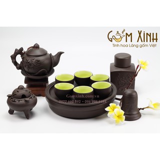 ấm chén Bát Tràng_Bộ trà tử sa hoa văn đắp nổi kèm khay 2 lớp & phụ kiện