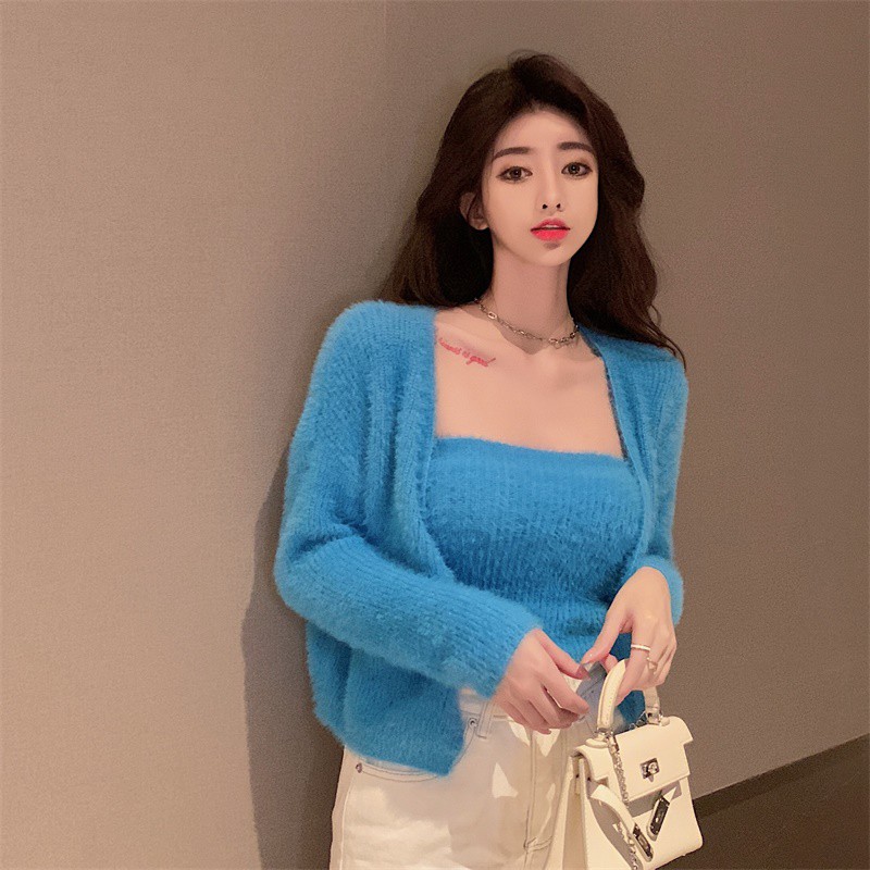 Áo Croptop kèm áo khoác len xanh hồng Quảng Châu
