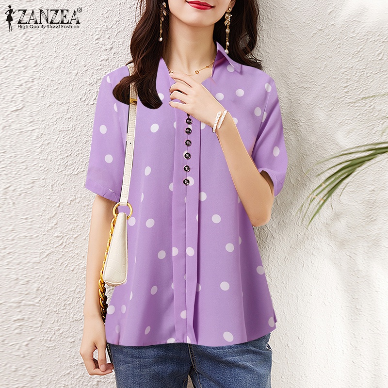 ZANZEA Áo Sơ Mi Nữ Tay Ngắn Cổ Bẻ Họa Tiết Chấm Bi Thời Trang