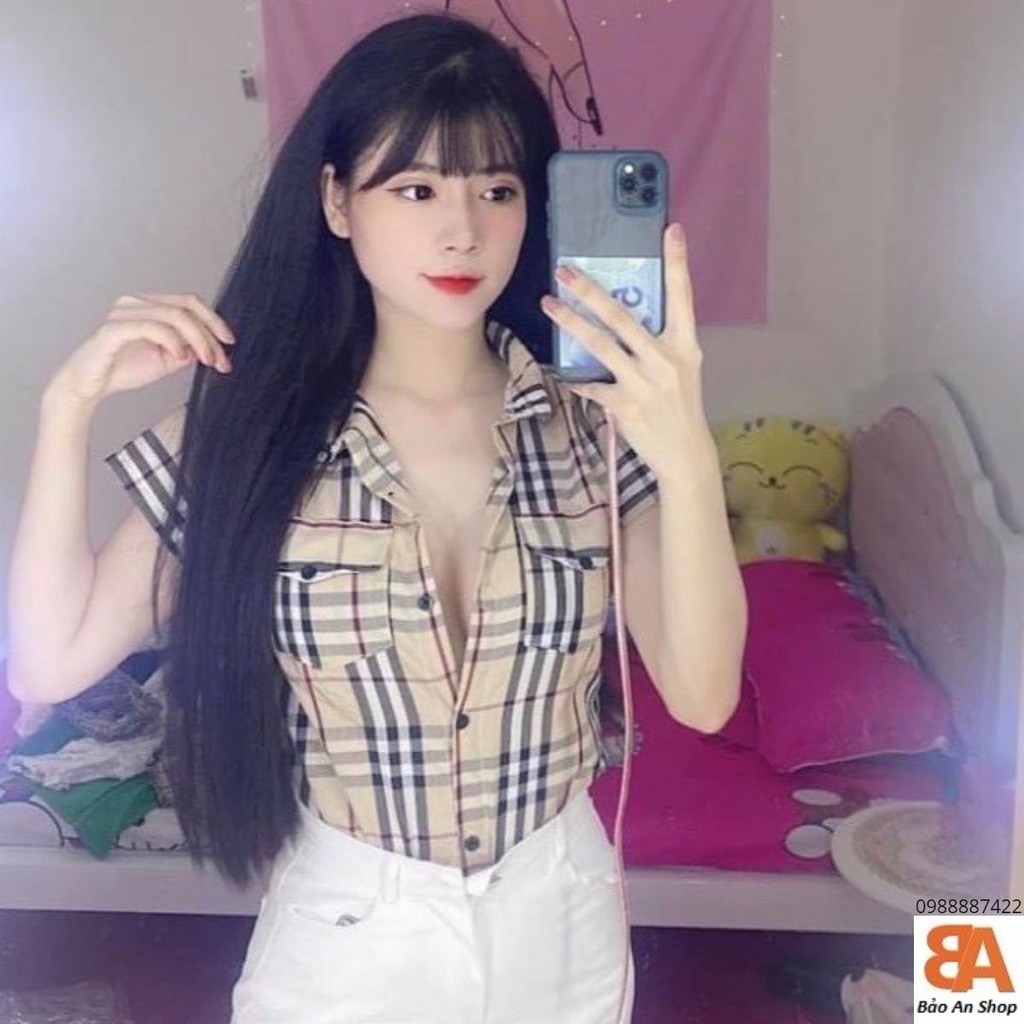 Áo sơ mi nữ sọc caro chất vải Kate Free Size dưới 53kg