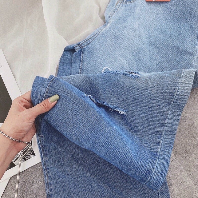 (H.N.M) Quần jean nữ ống rộng loang màu xanh nhạt rách sọc 2 bên kiểu dáng trẻ trung thời trang hot trend