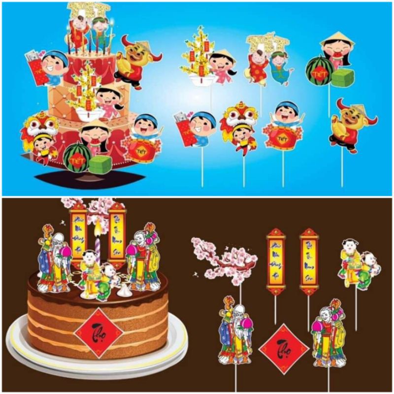 Set cắm Tết trang trí bánh kem, trẻ vui Tết, ông bà thọ mừng năm mới 2022, toppercake
