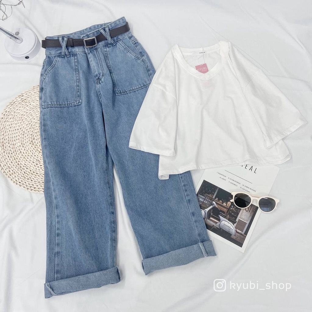 Quần Jean baggy nữ ống rộng suông Ulzzang Kyubi đai lưng cá tính [Có Bigsize, Nhiều Màu]- Jean cullote Kyubi BJR2XL