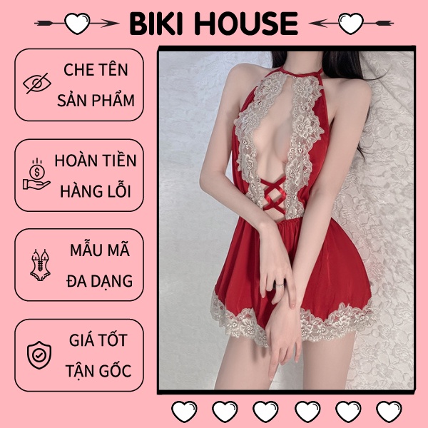 Đầm ngủ công chúa khoét ngực sexy quyến rũ váy ngủ đẹp lụa phối ren đỏ trắng gợi cảm cao cấp BIKI HOUSE N109 - Hỏa Tốc