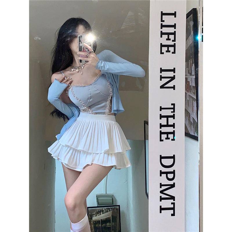 Bộ Đồ Áo Hai Dây REN Hot Girl Gợi Cảm Áo Mùa Hè Cho Nữ + Áo Khoác Cardigan + Váy Cạp Cao Cho Nữ