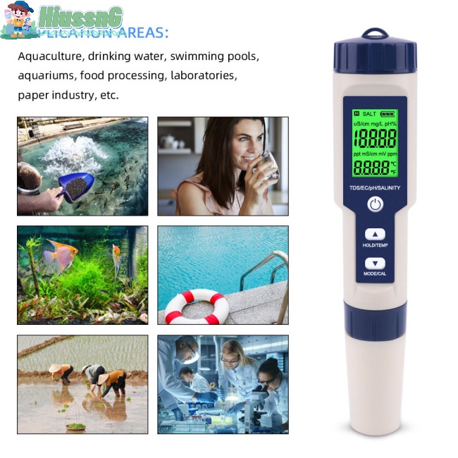 Thiết Bị Kiểm Tra Chất Lượng Nước 5 Trong 1 Tds / ec / ph / salinity / Đo Nhiệt Độ Bể bơi