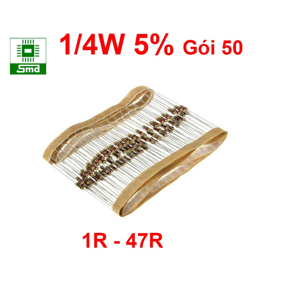 Trở Cắm vạch màu 1/4W 5% 50 Con/Túi Giá Trị Trong Khoảng 1R - 47R Ohm linh kiện điện tử điện trở cắm 0.25W