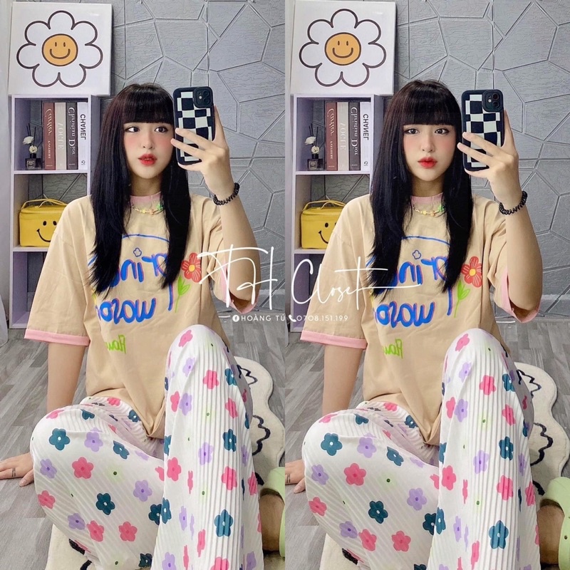 Set áo be phối viền tay quần suông gân hoa xinh xắn, hình và video thật