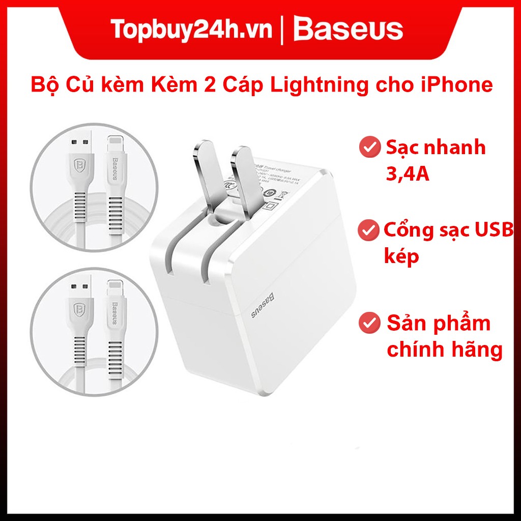 Bộ Củ kèm Kèm 2 Cáp Lightning cho iPhone iPad hỗ trợ sạc nhanh thương hiệu Baseus COCO Series 2 cổng USB