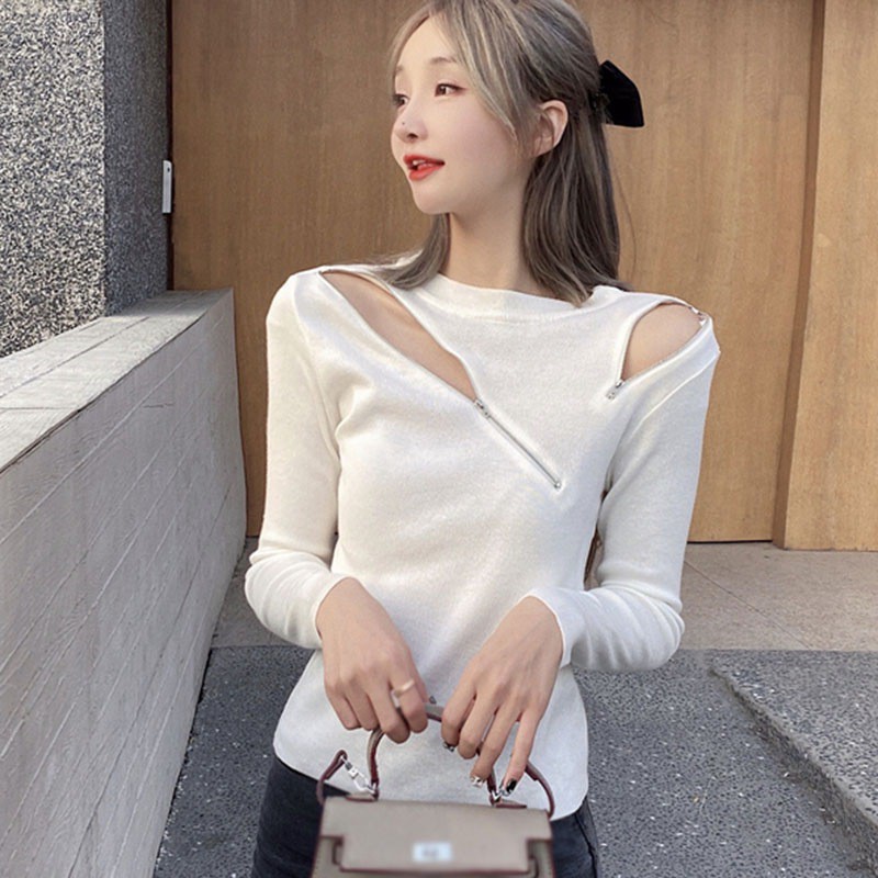 Áo Croptop Tay Dài Phối Khoá Kéo Thiết Kế Ôm Sát Tôn Dáng