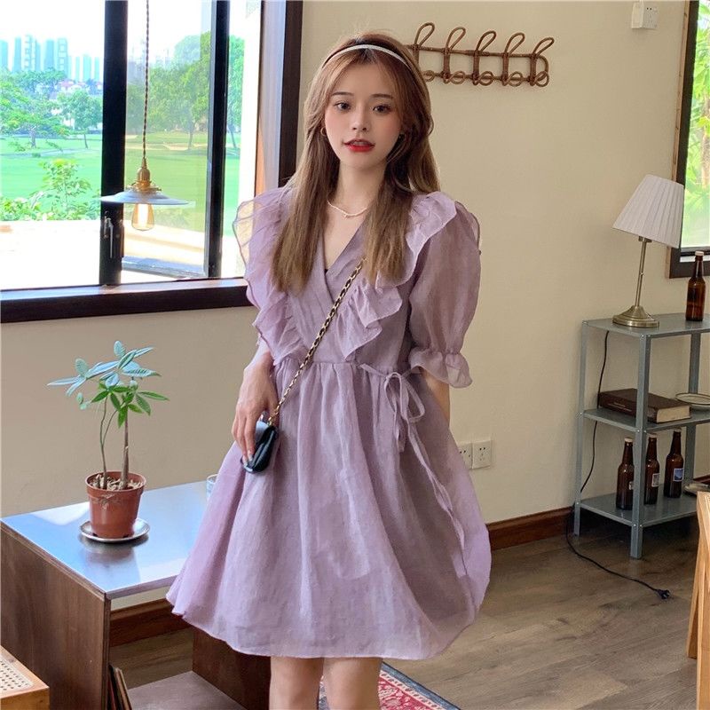 Đầm tay ngắn cổ chữ V phối bèo thời trang mùa hè phong cách mới cho nữ
