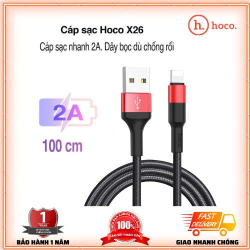 Cáp Sạc Hoco X26 Chính Hãng - Dây Sạc Nhanh 2.4A Dây Dù Chống Đứt Dài 1M, hỗ trợ truyền dữ liệu cho hầu hết các dòng máy