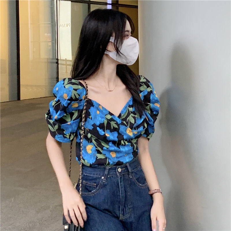Áo Kiểu Tay Phồng Ngắn Cổ Chữ V In Họa Tiết Hoa Màu Xanh Dương Thời Trang Mùa Hè Xinh Xắn Cho Nữ