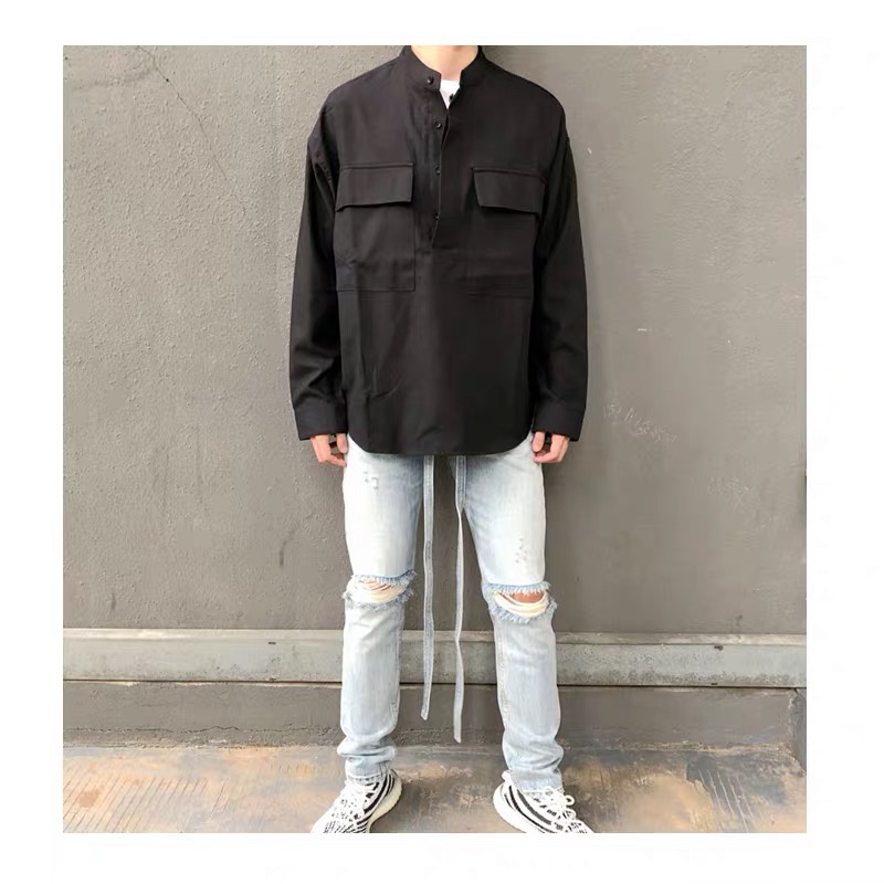 Áo Sơ Mi Tay Dài Dáng Rộng Phối Cổ Henry Kiểu retro Cá Tính Cho Nam Và Nữ Fear of god6th