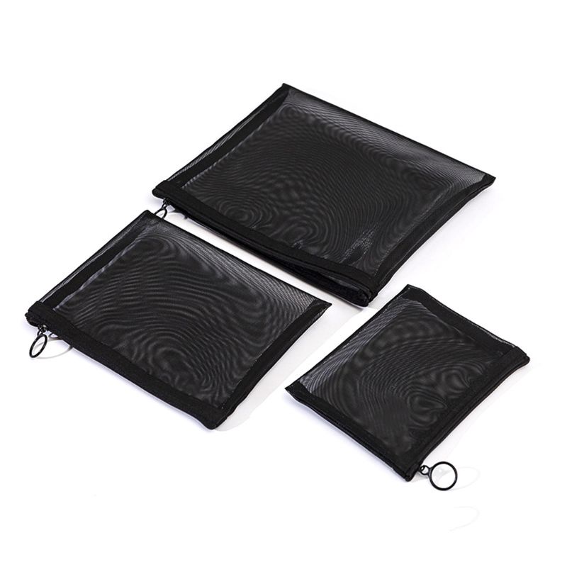 Set 3 Túi Lưới Đựng Mỹ Phẩm Màu Đen Có Khóa Kéo Tiện Dụng Mang Theo Du Lịch