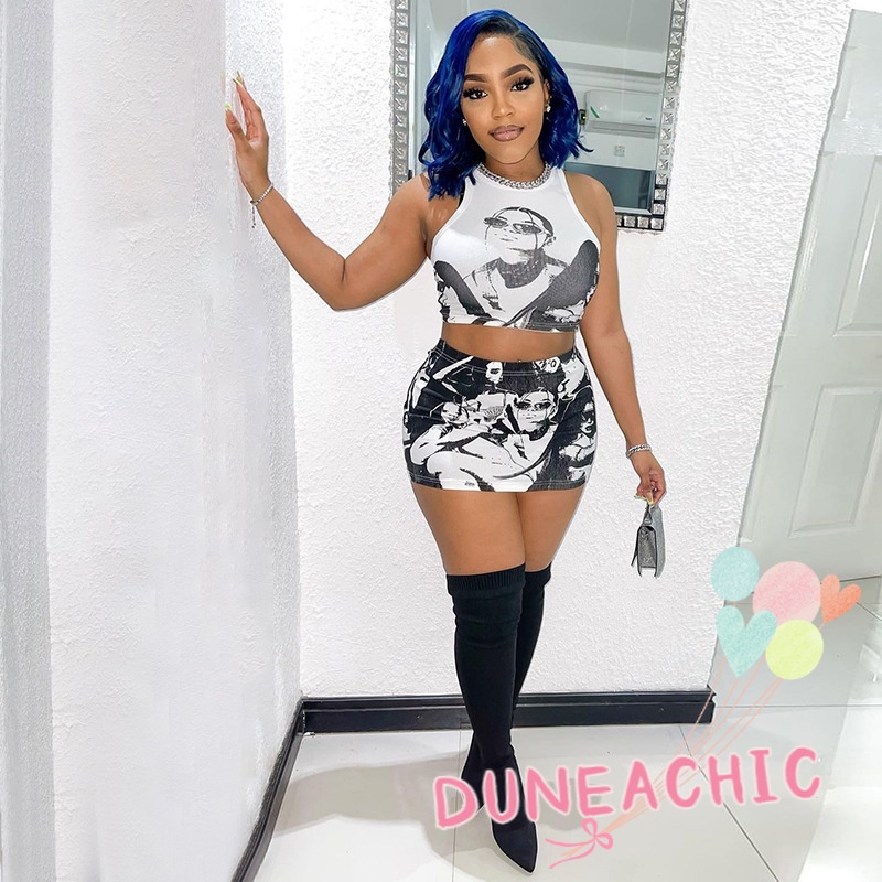 DUNEA Bộ đồ gồm áo tanktop không tay và chân váy lưng cao xinh xắn dành cho nữ