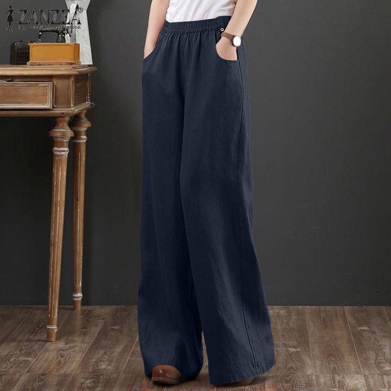 Quần ZANZEA cotton eo co giãn màu trơn ống rộng thời trang đơn giản thanh lịch cho nữ