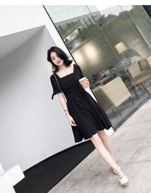 ĐẦM CỔ VUÔNG TAY NƠ kt ( Kèm ảnh thật)