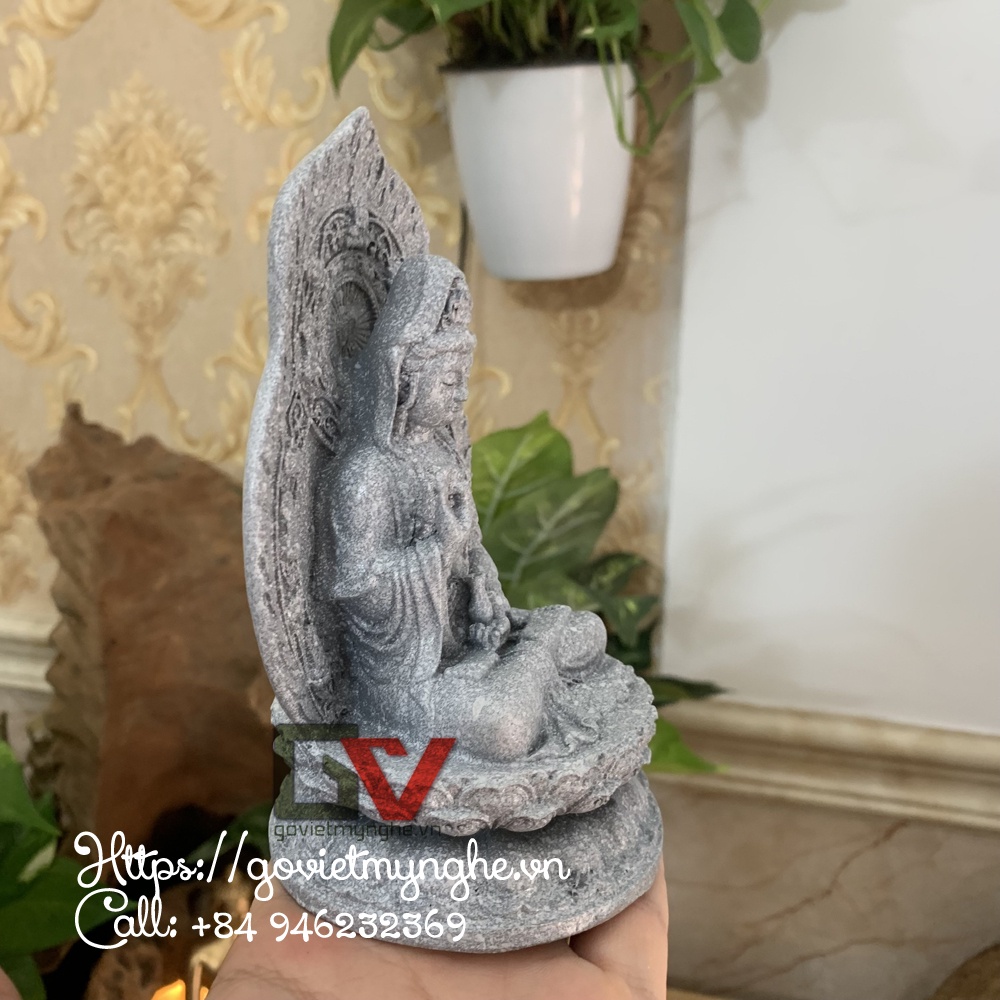 Tượng đá Phật Quan Thế Âm Bồ Tát ngồi thiền trên đài sen - Màu xám - Chiều cao 15cm