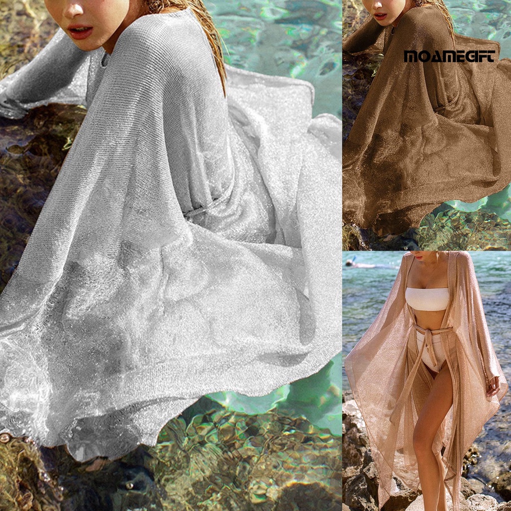 Áo Khoác Cardigan Tay Dài Chống Nắng Phối Lưới Sáng Bóng Thời Trang Đi Biển Cho Nữ