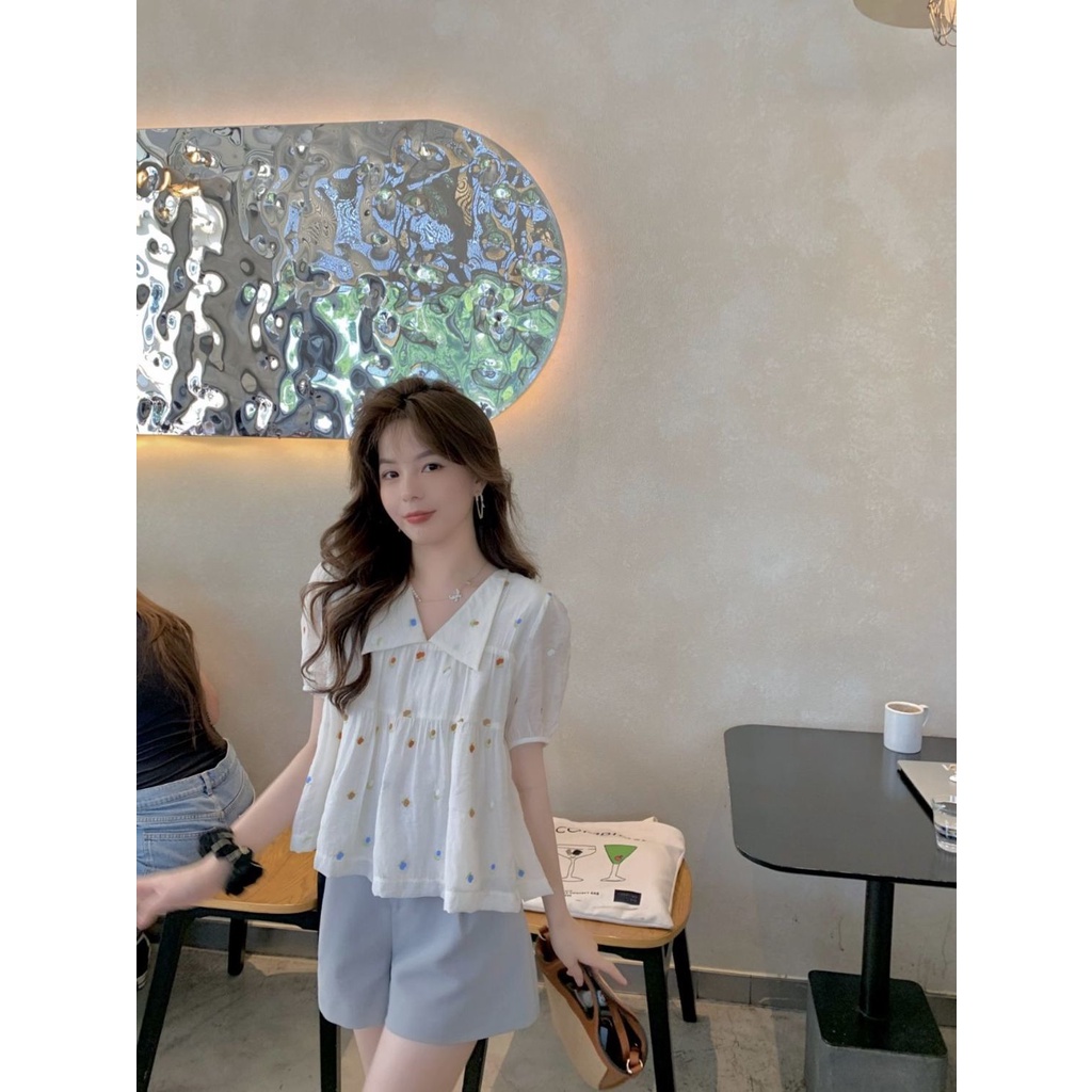 Bộ Áo chiffon Thêu Họa Tiết + Quần ngắn ống rộng Thời Trang Cho Mẹ Bầu