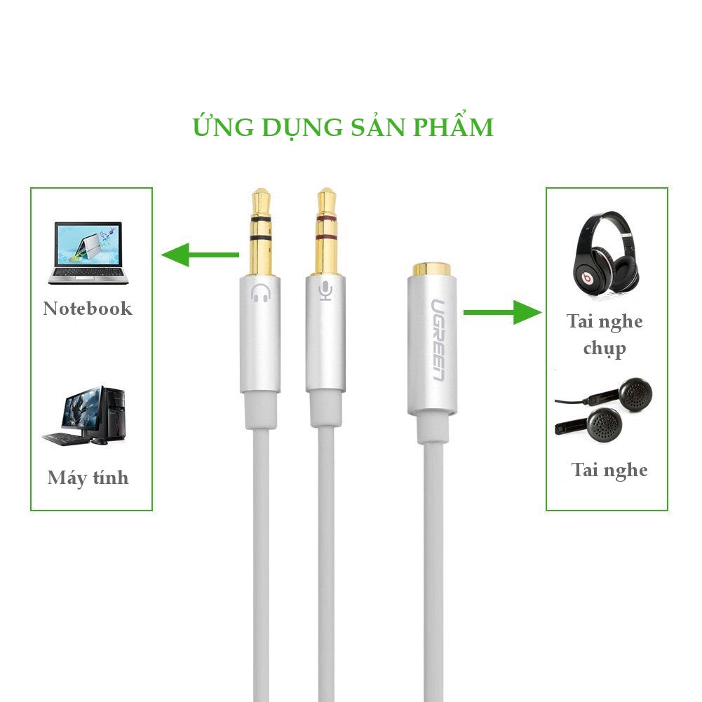 Dây Audio dài 20CM chuyển tai nghe 3.5mm sang 2 đầu Mic và Loa  UGREEN  10790, 20899 chính hãng