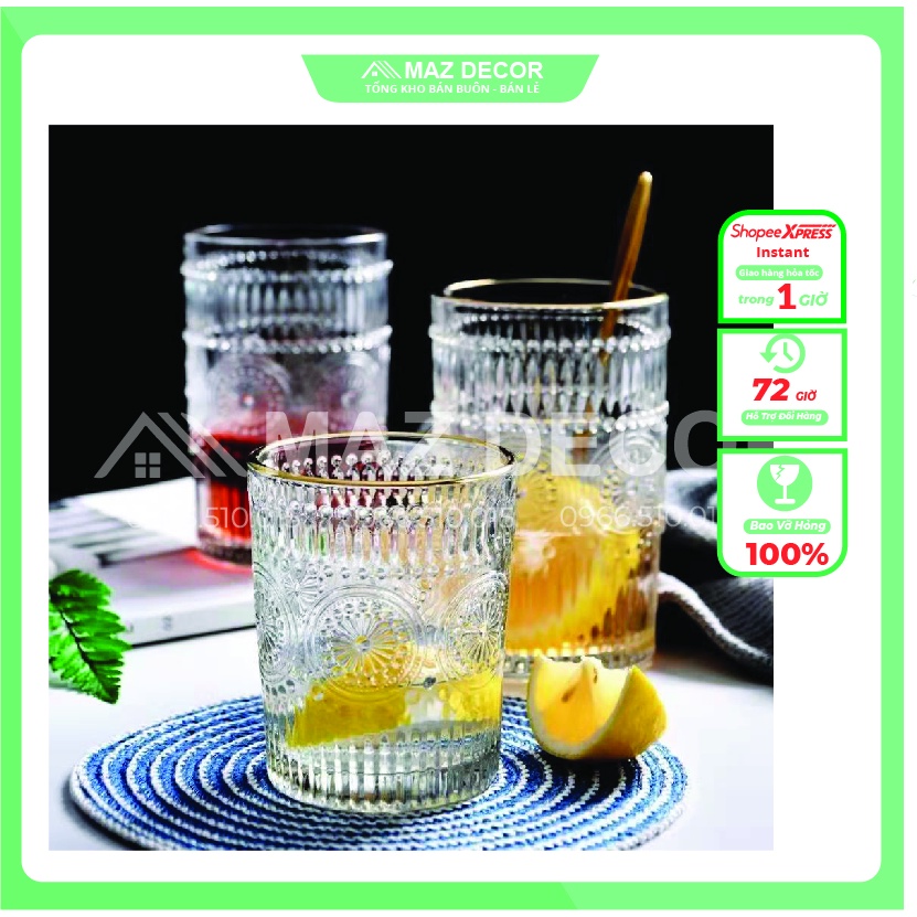 Đồ decor ĐẸP Bộ 6 cốc ly thủy tinh pha lê mạ vàng họa tiết trống đồng chịu nhiệt sang trọng tinh tế - Phong cách Bắc Âu