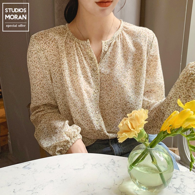 (HÀNG SẴN) Áo sơ mi nữ dài tay MORAN voan hoa nhí nhẹ nhàng vintage Hàn Quốc - Có ảnh thật