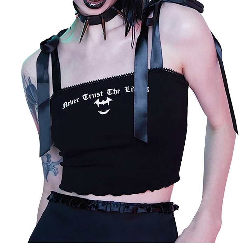 Brroa Áo Crop Top Dây Ruy Băng Buộc In Chữ Ma Cà Rồng Viền Lettuce Hem Cami Cho Nữ