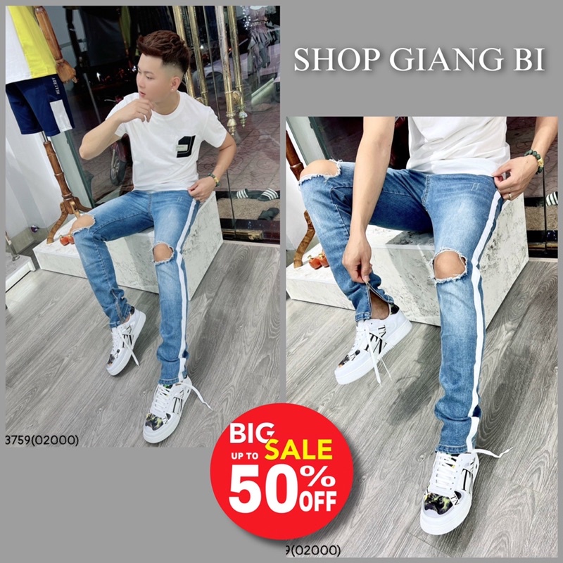 Quần jean rách gối to,quần bò sọc trắng phối khoá zip