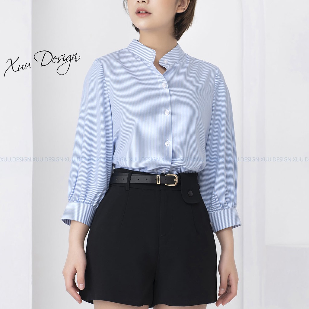 Áo sơ mi nữ công sở Xuu, thiết kế cổ tàu tay lỡ kẻ xanh - SMK11 kẻ xanh