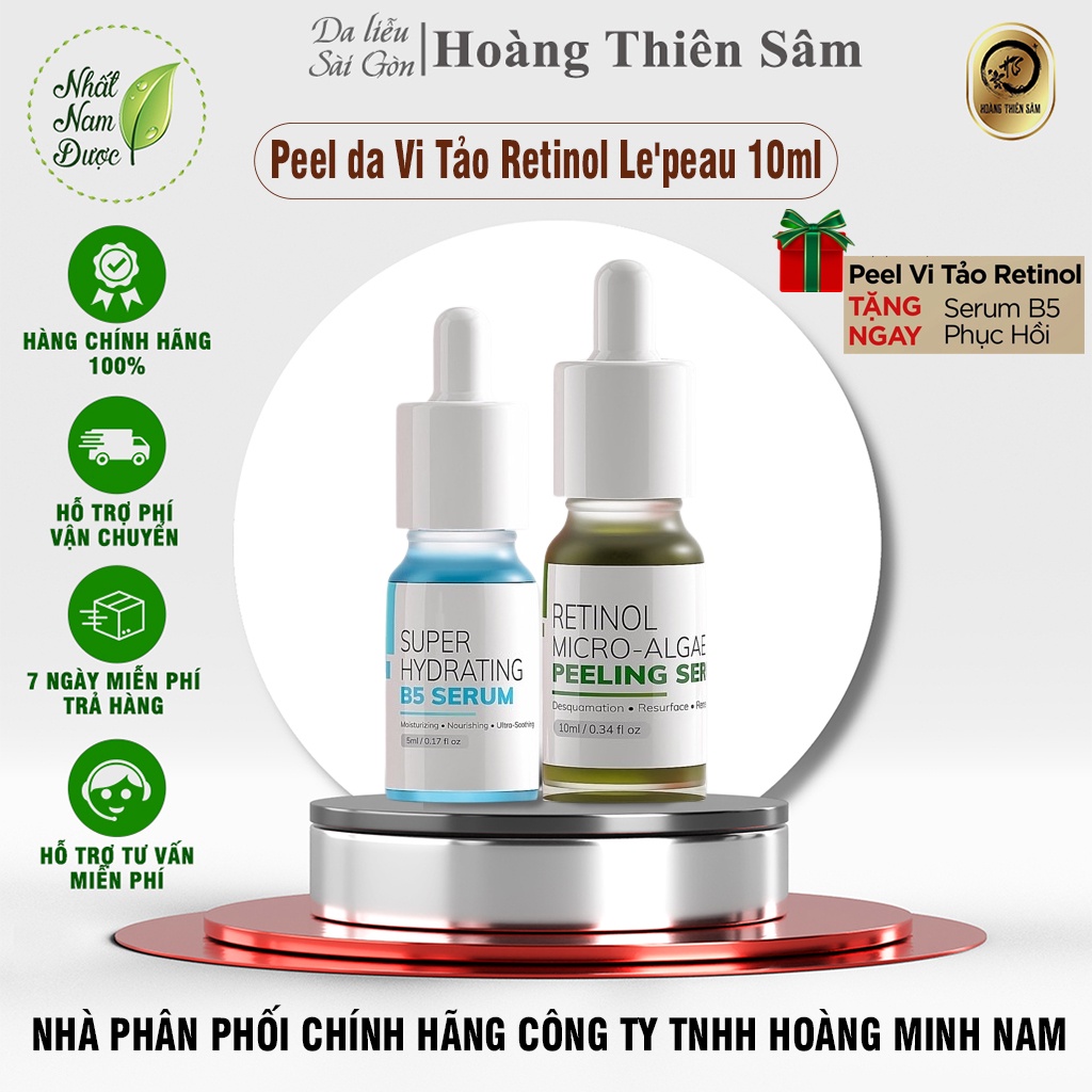 Serum Giảm Mụn Thâm Rỗ - Peel Da Vi Tảo Retinol Le'peau Hoàng Thiên Sâm Tái Tạo Da 10ml 3-7 ngày Xong liệu Trình Bong da