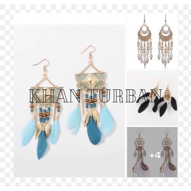 Bông tai lông vũ kiểu dáng vintage cho nữ Khuyên tai bohemian - Khăn turban