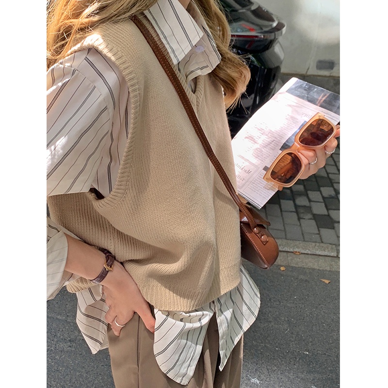 Áo sơ mi sọc tay dài/ áo không tay cổ V/ quần dài ống rộng lưng cao thời trang cho nữ 46294