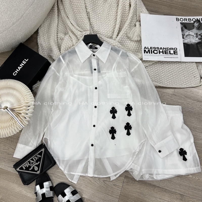 Set Sơmi 2 Màu Trắng Đen Áo Trong Áo Ngoài Kèm Quần