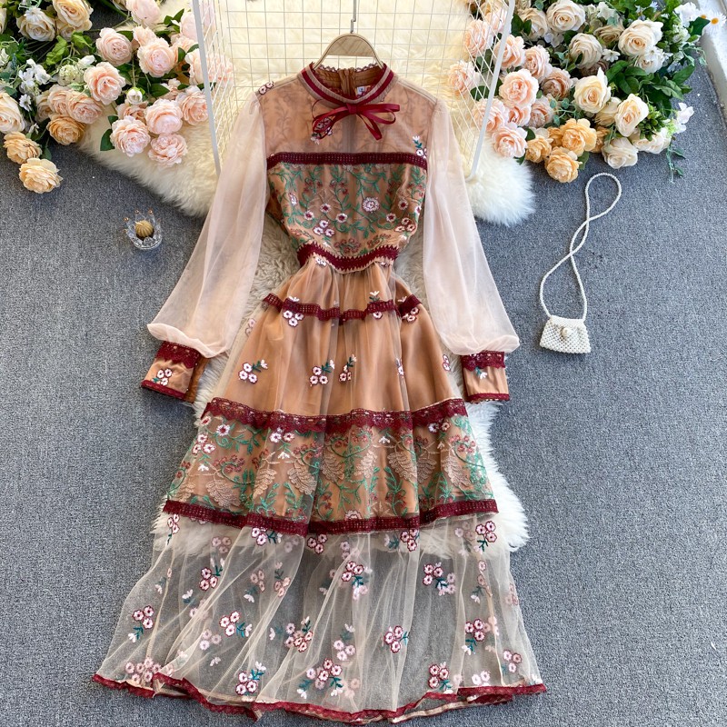 Váy cổ nơ dài tay ren lưới thêu hoa cổ điển cao cấp (Ảnh thật)(Hàng oder chuẩn hình 100%) 030321