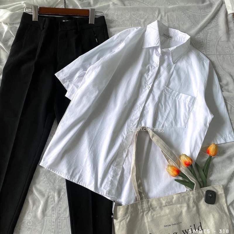 Áo sơ mi tay lỡ dáng rộng unisex freesize 38-65kg