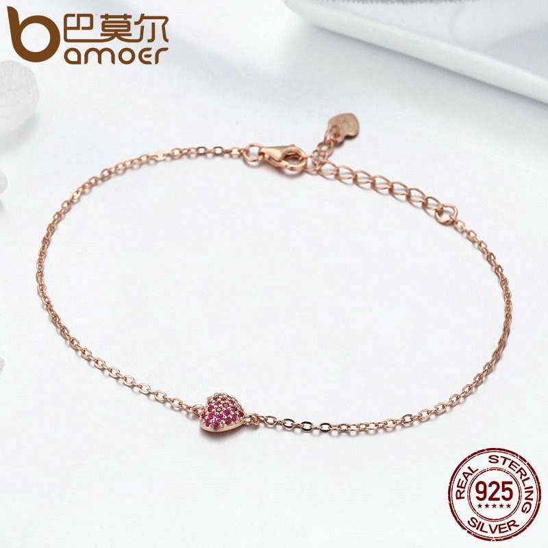 Vòng tay Bamoer mặt dây hình trái tim màu vàng hồng thời trang xinh xắn