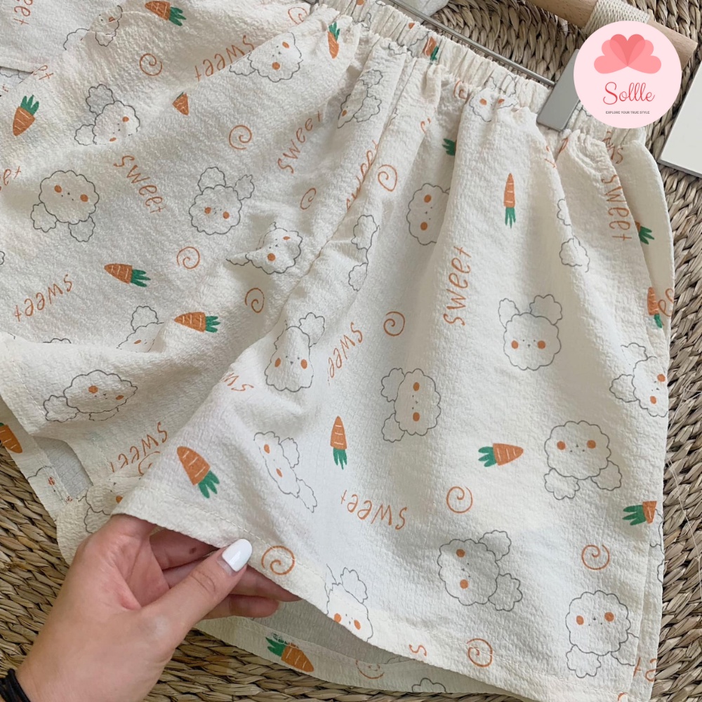 [Tặng cột tóc] Set bộ đồ ngủ pyjama cộc tay chất đũi xốp mát họa tiết cute đáng yêu Hàn Quốc Sollle