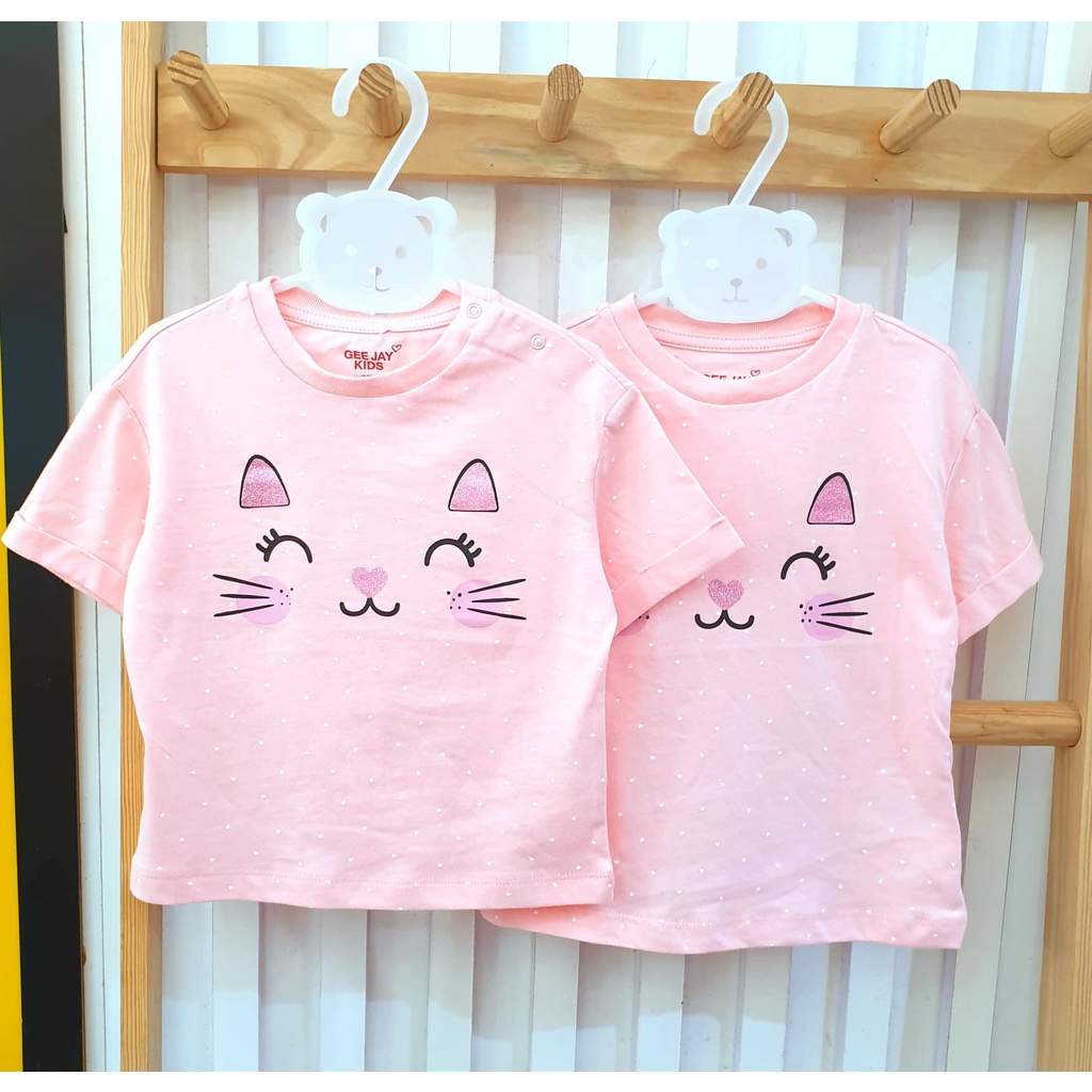 Áo cotton bé gái mèo hồng chấm trắng