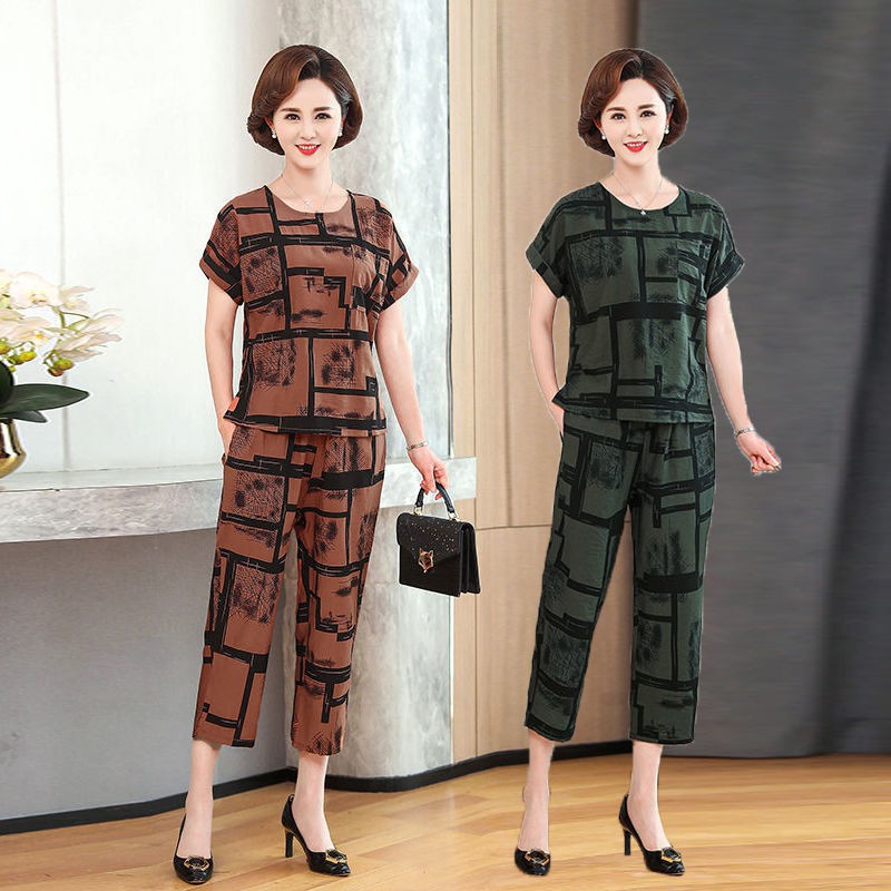 Bộ đồ lụa giả băng mới dành cho nữ mùa hè rộng rãi cỡ lớn thời trang in quần tây của mẹ áo khoác hai mảnh