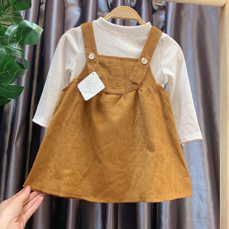 Set yếm váy thêu hình gấu cho bé