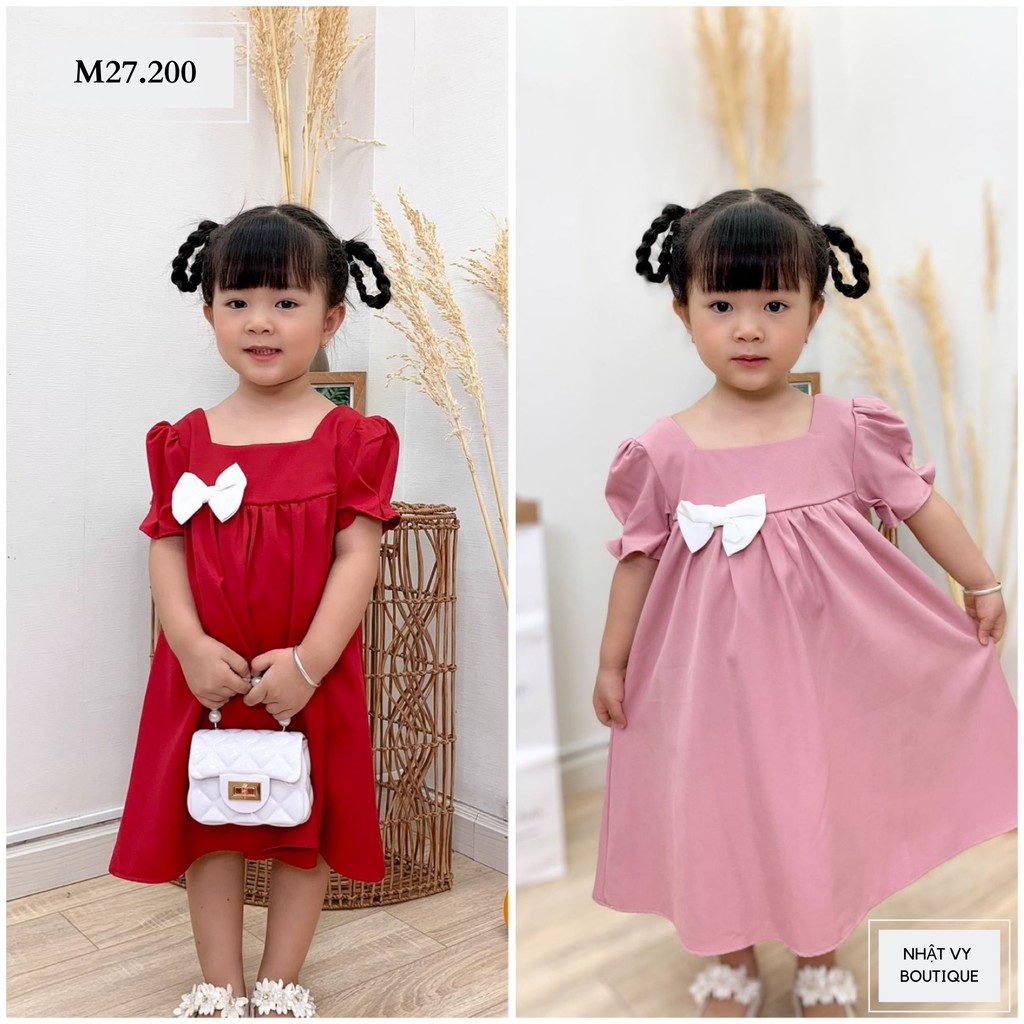 Váy Bé NHẬT VY Baby Doll Nơ Trắng Chất Cotton Mịn Đi Chơi Dáng Xoè Màu Đỏ, Hồng - M27