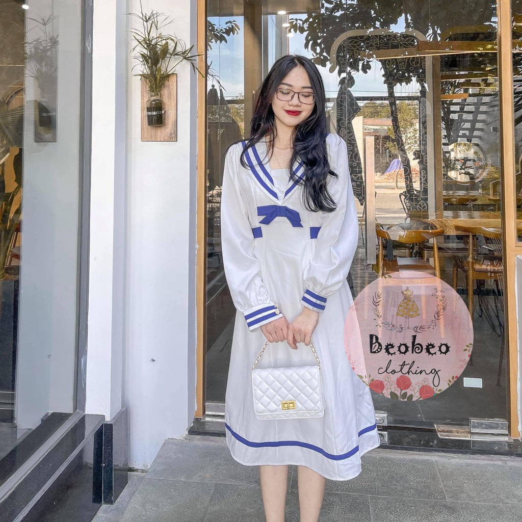 Đầm midi trắng cổ thuỷ thủ viền xanh thắt nơ vintage