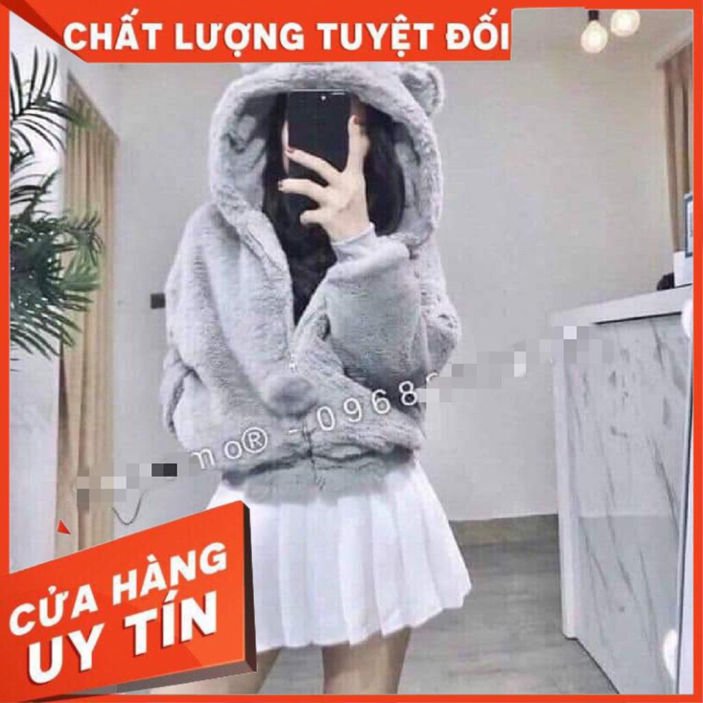 Áo khoác lông tai gấu ( kèm ảnh thật-màu xám