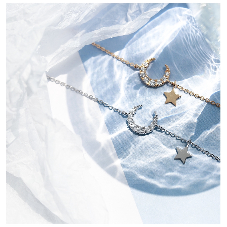 925 sterling silver chain with moon star and zircon Korean style cute