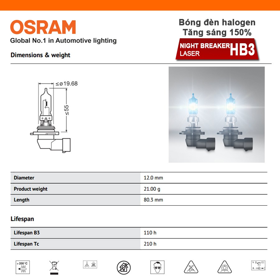 Combo 2 Bóng Đèn Halogen Tăng Sáng 150% OSRAM Night Breaker Laser HB3 12V 60W - Nhập Khẩu Chính Hãng